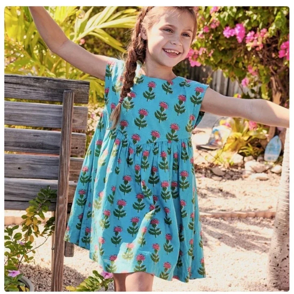 Pink Chicken Girls Dress Blue Floral Block Print Back Bow Size 6Y